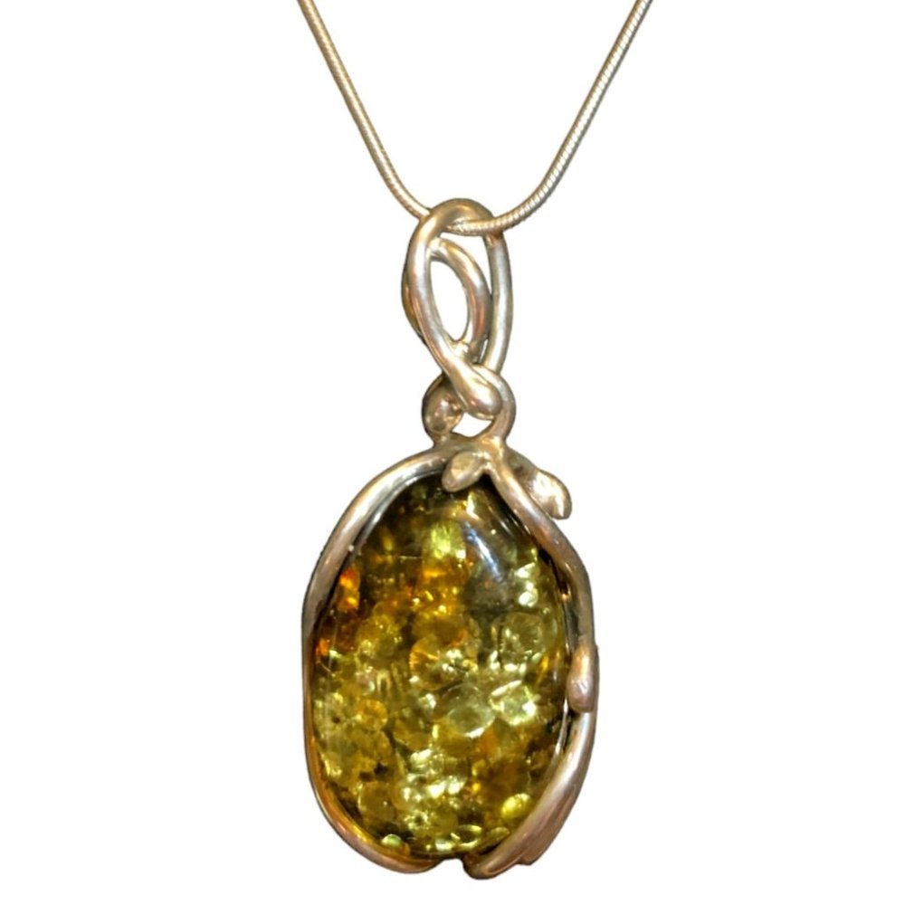 Chain and Green Amber Pendant with Inclusions